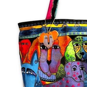 Vintage Laurel Burch Tote Bag Cats Dogs Colorful Canvas XL Artsy Boho Wood Charm